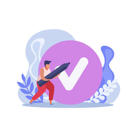 Goal achievement planning checklist flat composition with man holding pencil and tick image vector illustrationのイラスト素材