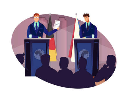 Flat diplomacy composition with two representatives speaking at conference vector illustrationのイラスト素材