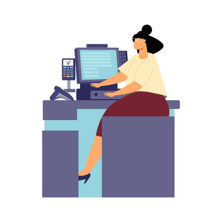 Woman at store cashier desk flat icon on white background vector illustrationのイラスト素材