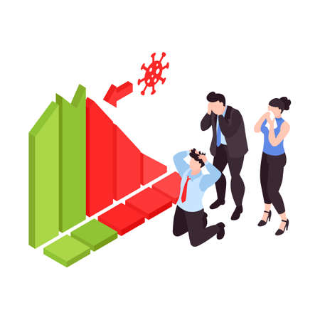 People in panic watching chart representing stock market crash during financial crisis isometric vector illustrationのイラスト素材