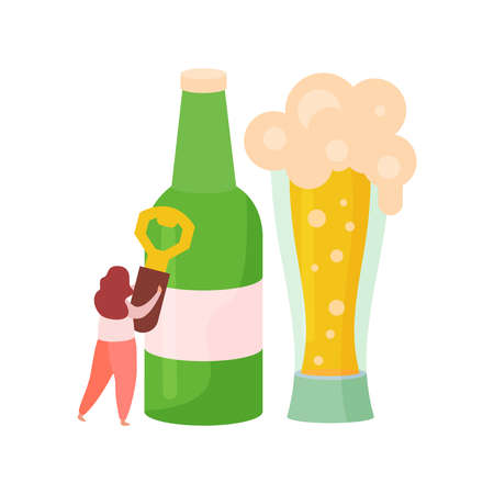 Alcoholic drinks cocktails flat composition with bottle of beer with glass and woman holding opener vector illustrationのイラスト素材