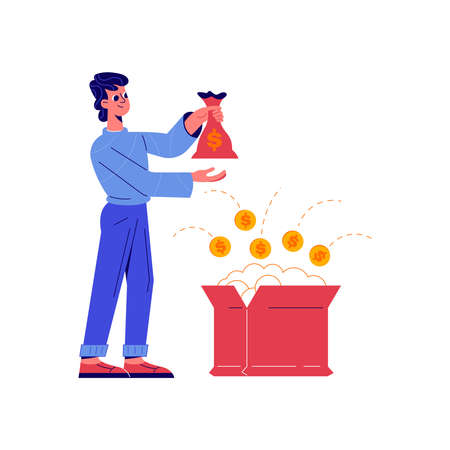 Crowdfunding composition with doodle character holding sack of money with open box vector illustrationのイラスト素材