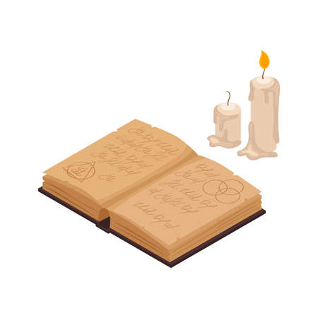 Old magic book and two wax candles isometric isolated vector illustrationのイラスト素材