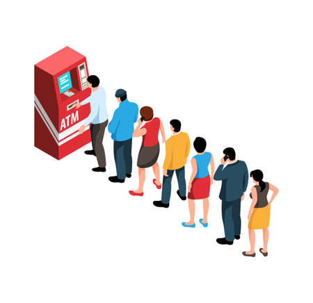 Isometric queue composition with people standing in waiting line to atm vector illustrationのイラスト素材