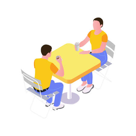 Two people drinking coffee from plastic glasses at outdoor cafe table isometric vector illustrationのイラスト素材