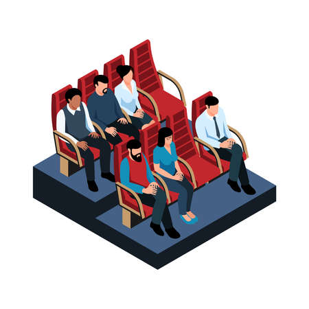 Cinema hall icon with isometric characters on their seats vector illustrationのイラスト素材