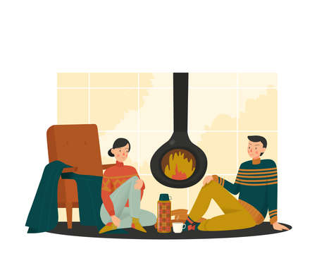 Cozy home composition with view of loving couple sitting at fireplace vector illustrationのイラスト素材