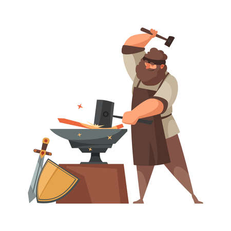 Medieval blacksmith making swords and shields on anvil cartoon vector illustrationのイラスト素材