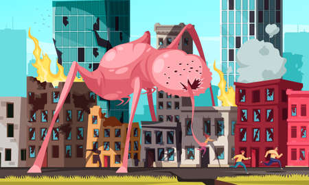 People running from huge monster attacking city and catching woman with its long tongue cartoon vector illustrationのイラスト素材