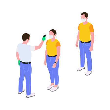 Man measuring body temperature with electronic infrared thermometer isometric icon 3d vector...