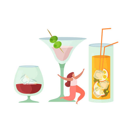 Alcoholic drinks cocktails flat composition with glasses of alcohol drinks with happy woman vector illustrationのイラスト素材
