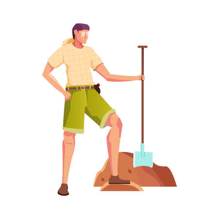 Treasure hunt flat composition with male character of archeologist with shovel vector illustrationのイラスト素材
