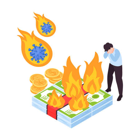 Global financial crisis covid19 impact isometric concept with frustrated man and burning savings vector illustrationのイラスト素材