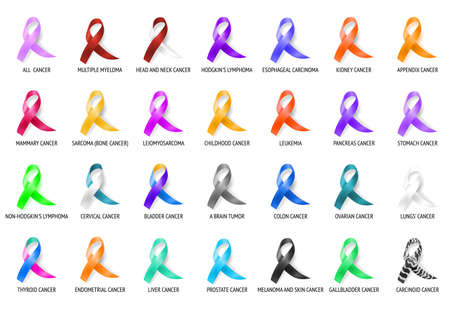 Colorful ribbons all cancer awareness symbols 28 realistic images set with leukemia sarcoma brain tumor vector illustrationのイラスト素材