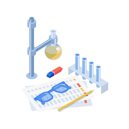 Isometric vaccination composition with view of test tubes glass vial and goggles with paper formular and pencil vector illustrationのイラスト素材