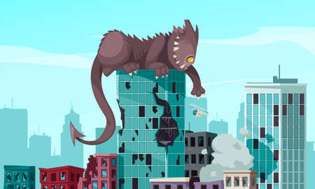 Funny monster with sharp teeth and long tail sitting on top of damaged building cartoon vector illustrationのイラスト素材