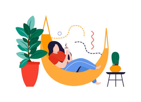 Home garden flat composition with woman lying in hammock with home plants vector illustrationのイラスト素材