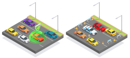 Car ownership usage isometric composition with view of motorway with asphalt lanes and images of cars vector illustrationのイラスト素材
