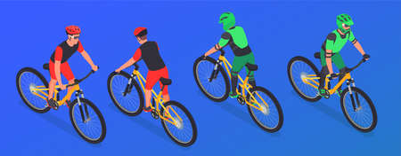 Sport cycling isometric set with isolated images different angle views of bike riders wearing protective equipment vector illustrationのイラスト素材