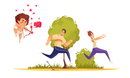 Amur cupid valentine day composition with running couple pursued by bow boy character with heart icons vector illustrationのイラスト素材