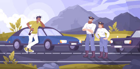 Traffic police patrol background with drunk driver symbols flat vector illustrationのイラスト素材
