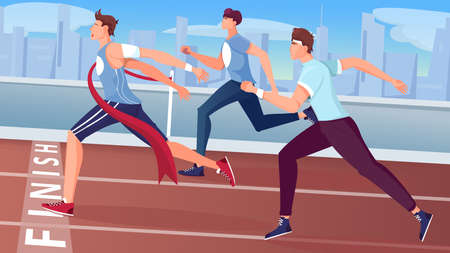 Winner finish flat composition with view of outdoor race track with cityscape and running athlete characters vector illustrationのイラスト素材