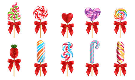 Lollipop with red bow realistic set of different forms and colors sweet candies isolated vector illustrationのイラスト素材