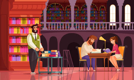 Old library book composition with view of gallery with bookcases vintage characters of librarian and readers vector illustrationのイラスト素材