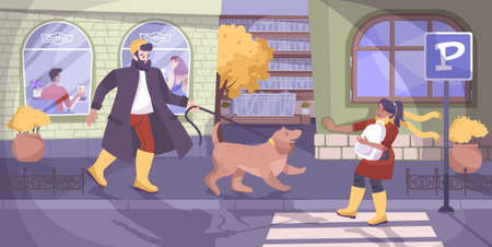 Child safety and angry dog background with fear symbols flat vector illustrationのイラスト素材