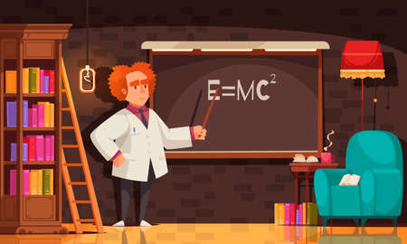 Famous scientist composition with view of man in vintage room with bookcase chair and blackboard vector illustrationのイラスト素材