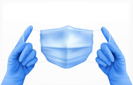 Hands in gloves with mask realistic concept with protective standart symbols vector illustrationのイラスト素材