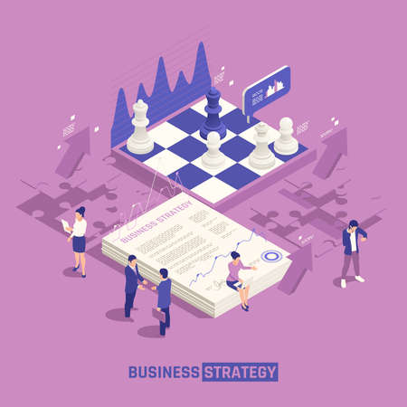 Business strategy isometric background with chessboard with pieces puzzle elements and people discussed creative ideas vector illustrationのイラスト素材