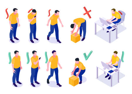 Man postures isometric set with wrong and good standing walking lifting sitting at computer positions vector illustrationのイラスト素材