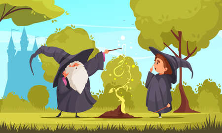 Magic school composition with outdoor scenery silhouette of ancient castle and teacher growing plant with spell vector illustrationのイラスト素材