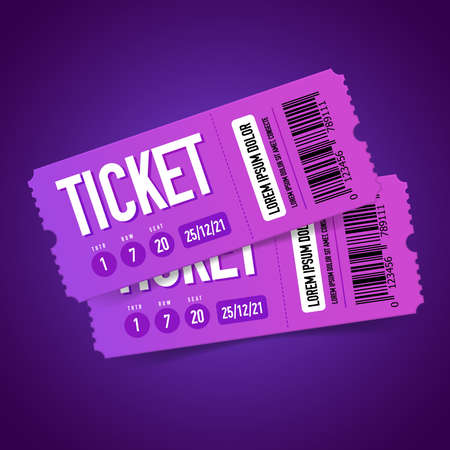 Realistic tickets composition with neon colored background and paper coupons with editable text and printed barcode vector illustrationのイラスト素材