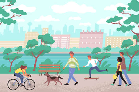 City park flat background with people walking along embankment with dog skateboards and bikes vector illustrationのイラスト素材