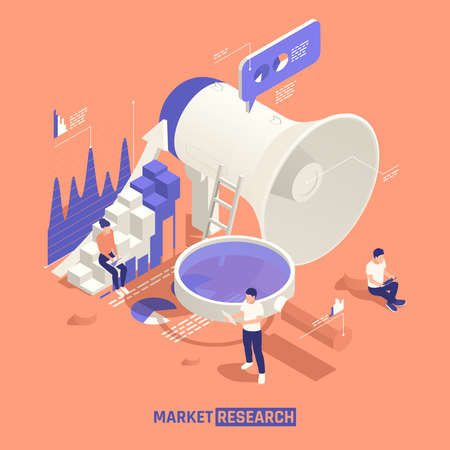 Market research isometric vector illustration with team of creative people near big loudspeaker and magnifying glassのイラスト素材