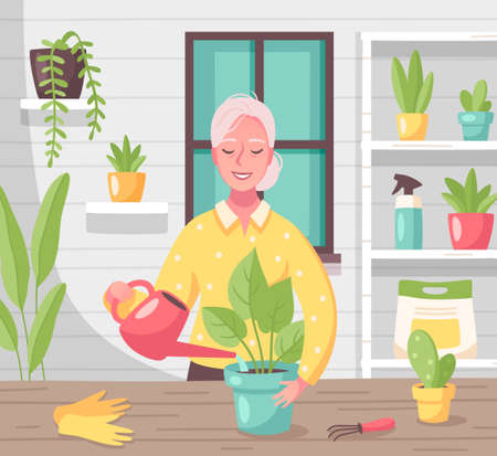 Hobby free time leisure activities flat cartoon composition with woman taking care of indoor plants vector illustrationのイラスト素材