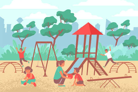 City playground flat composition of outdoor scenery with cityscape and play equipment with kids and mother vector illustrationのイラスト素材