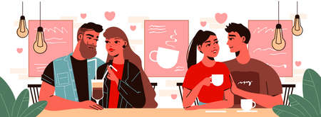 Valentine day love composition with human characters of two couples having date in cafeteria with drinks vector illustrationのイラスト素材