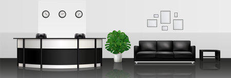 Office interior realistic composition with reception counter leather sofa and journal table vector illustrationのイラスト素材