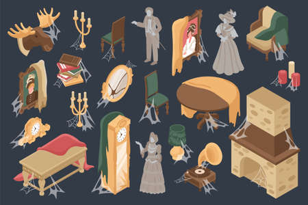 Old room interior set with old furniture and decorations isometric isolated vector illustrationのイラスト素材