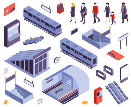 Subway metro stations entry ticket gate exit staircases escalators train carriage railway people isometric set vector illustrationのイラスト素材