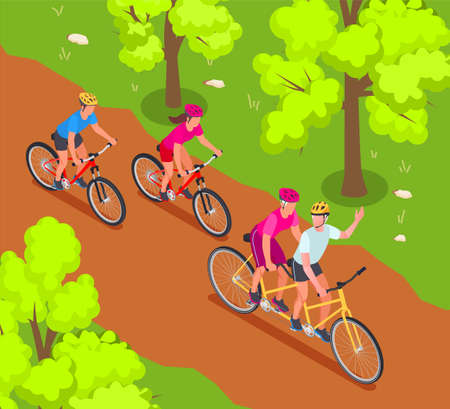Grandparents and grandchildren isometric background with family cycling symbols vector illustrationのイラスト素材