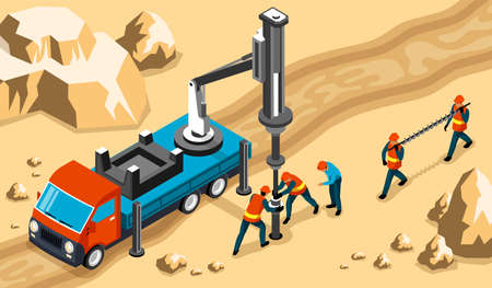 Drilling workers engineers operating truck mounted rig heavy machinery to drill into rock isometric composition vector illustrationのイラスト素材