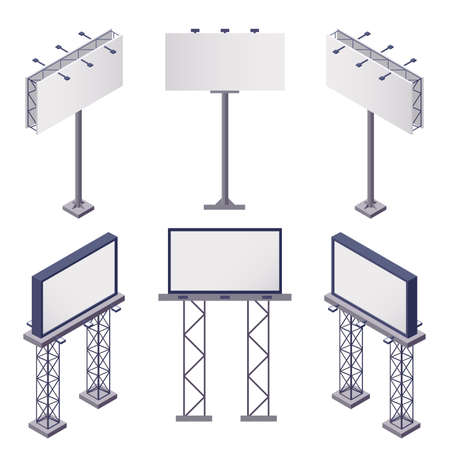 Advertising constructions isometric icons set with rectangular blank billboards on white background 3d isolated vector illustrationのイラスト素材