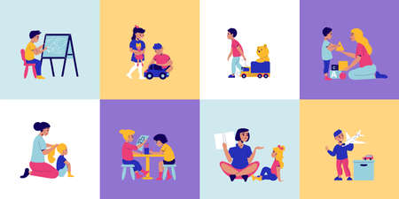 Kindergarten design concept with set of square compositions with kids characters playing with toys and nanny vector illustrationのイラスト素材