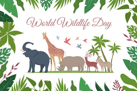 World wildlife day card flat composition with ornate text floral frame and exotic birds with animals...