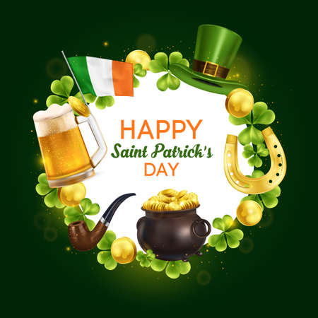 Realistic patrick day frame with round composition of ornate text surrounded by leprechaun hat and clover leaves vector illustrationのイラスト素材