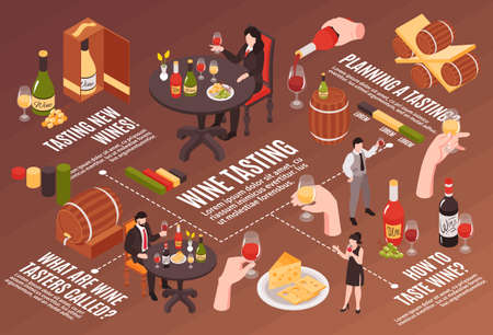 Wine tasting isometric infographic flowchart with tasters sommeliers buyers white red rose bottles...